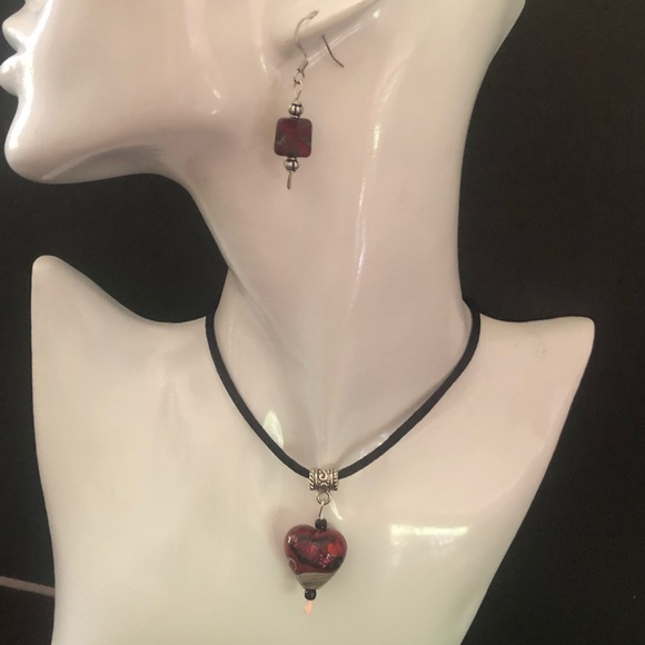 Ruby Red Glass Heart Pendant Necklace and Earrings - Picture 9 of 12